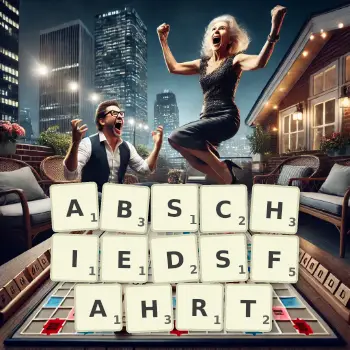 Kreative Illustration für ein Scrabble-Spiel, bei dem das Wort ABSCHIEDSFAHRT mit Steinen auf dem Brett gelegt wurde.