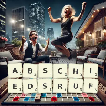 Kreative Illustration für ein Scrabble-Spiel, bei dem das Wort ABSCHIEDSRUF mit Steinen auf dem Brett gelegt wurde.