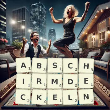 Kreative Illustration für ein Scrabble-Spiel, bei dem das Wort ABSCHIRMDECKELN mit Steinen auf dem Brett gelegt wurde.