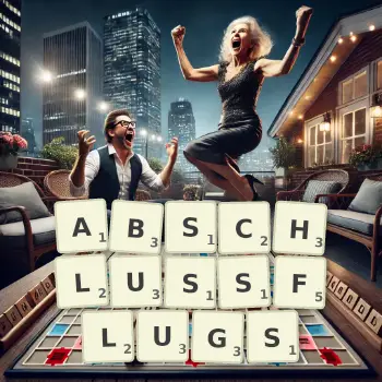 Kreative Illustration für ein Scrabble-Spiel, bei dem das Wort ABSCHLUSSFLUGS mit Steinen auf dem Brett gelegt wurde.