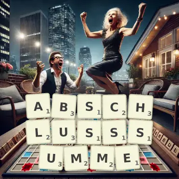 Kreative Illustration für ein Scrabble-Spiel, bei dem das Wort ABSCHLUSSSUMME mit Steinen auf dem Brett gelegt wurde.