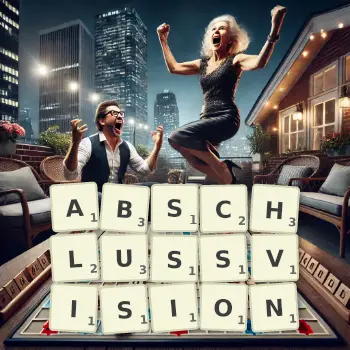 Kreative Illustration für ein Scrabble-Spiel, bei dem das Wort ABSCHLUSSVISION mit Steinen auf dem Brett gelegt wurde.