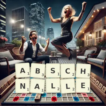 Kreative Illustration für ein Scrabble-Spiel, bei dem das Wort ABSCHNALLE mit Steinen auf dem Brett gelegt wurde.
