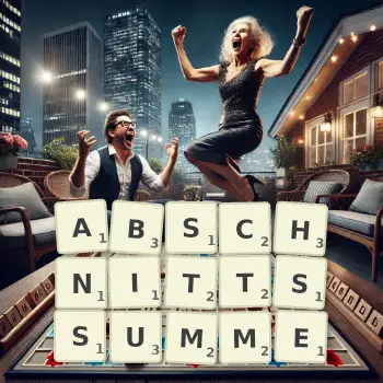 Kreative Illustration für ein Scrabble-Spiel, bei dem das Wort ABSCHNITTSSUMME mit Steinen auf dem Brett gelegt wurde.