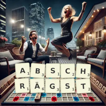 Kreative Illustration für ein Scrabble-Spiel, bei dem das Wort ABSCHRÄGST mit Steinen auf dem Brett gelegt wurde.