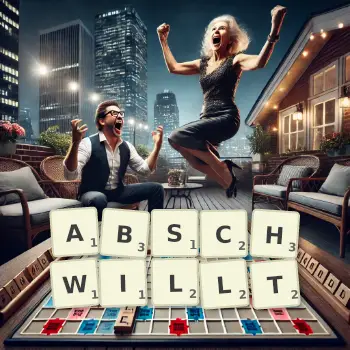 Kreative Illustration für ein Scrabble-Spiel, bei dem das Wort ABSCHWILLT mit Steinen auf dem Brett gelegt wurde.