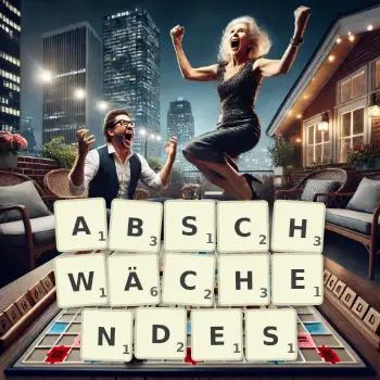 Kreative Illustration für ein Scrabble-Spiel, bei dem das Wort ABSCHWÄCHENDES mit Steinen auf dem Brett gelegt wurde.