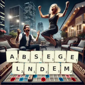 Kreative Illustration für ein Scrabble-Spiel, bei dem das Wort ABSEGELNDEM mit Steinen auf dem Brett gelegt wurde.