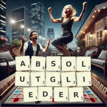 Kreative Illustration für ein Scrabble-Spiel, bei dem das Wort ABSOLUTGLIEDER mit Steinen auf dem Brett gelegt wurde.
