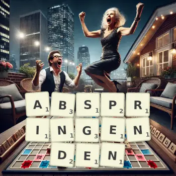 Kreative Illustration für ein Scrabble-Spiel, bei dem das Wort ABSPRINGENDEN mit Steinen auf dem Brett gelegt wurde.