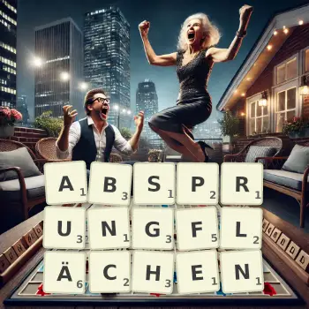 Kreative Illustration für ein Scrabble-Spiel, bei dem das Wort ABSPRUNGFLÄCHEN mit Steinen auf dem Brett gelegt wurde.