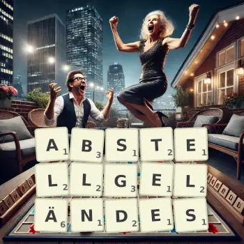 Kreative Illustration für ein Scrabble-Spiel, bei dem das Wort ABSTELLGELÄNDES mit Steinen auf dem Brett gelegt wurde.