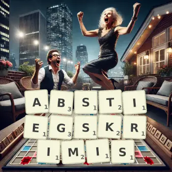 Kreative Illustration für ein Scrabble-Spiel, bei dem das Wort ABSTIEGSKRIMIS mit Steinen auf dem Brett gelegt wurde.