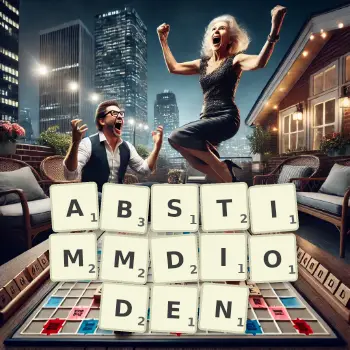 Kreative Illustration für ein Scrabble-Spiel, bei dem das Wort ABSTIMMDIODEN mit Steinen auf dem Brett gelegt wurde.