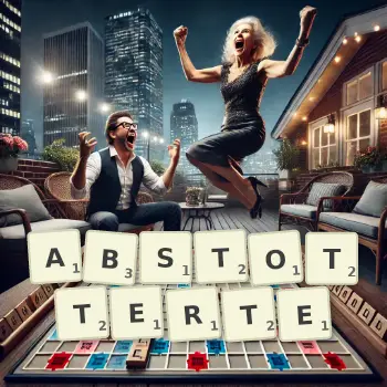 Kreative Illustration für ein Scrabble-Spiel, bei dem das Wort ABSTOTTERTE mit Steinen auf dem Brett gelegt wurde.