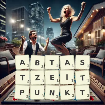 Kreative Illustration für ein Scrabble-Spiel, bei dem das Wort ABTASTZEITPUNKT mit Steinen auf dem Brett gelegt wurde.