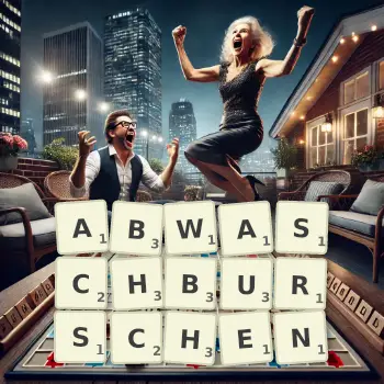 Kreative Illustration für ein Scrabble-Spiel, bei dem das Wort ABWASCHBURSCHEN mit Steinen auf dem Brett gelegt wurde.