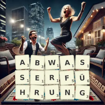 Kreative Illustration für ein Scrabble-Spiel, bei dem das Wort ABWASSERFÜHRUNG mit Steinen auf dem Brett gelegt wurde.