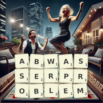 Kreative Illustration für ein Scrabble-Spiel, bei dem das Wort ABWASSERPROBLEM mit Steinen auf dem Brett gelegt wurde.