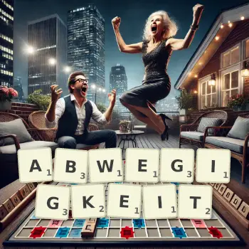 Kreative Illustration für ein Scrabble-Spiel, bei dem das Wort ABWEGIGKEIT mit Steinen auf dem Brett gelegt wurde.