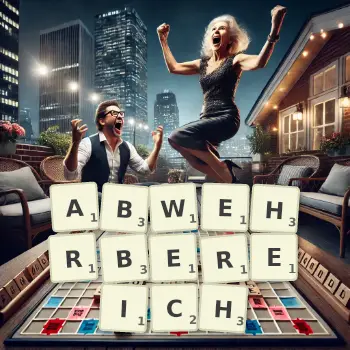 Kreative Illustration für ein Scrabble-Spiel, bei dem das Wort ABWEHRBEREICH mit Steinen auf dem Brett gelegt wurde.