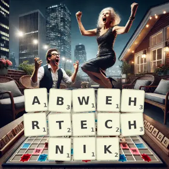 Kreative Illustration für ein Scrabble-Spiel, bei dem das Wort ABWEHRTECHNIK mit Steinen auf dem Brett gelegt wurde.