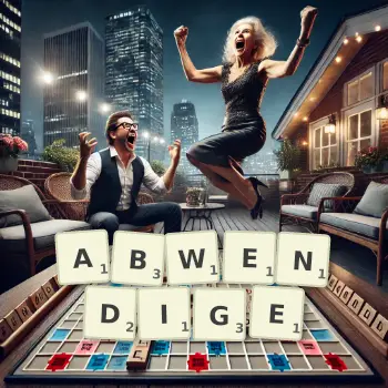 Kreative Illustration für ein Scrabble-Spiel, bei dem das Wort ABWENDIGE mit Steinen auf dem Brett gelegt wurde.