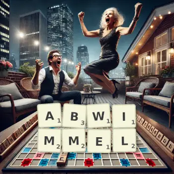 Kreative Illustration für ein Scrabble-Spiel, bei dem das Wort ABWIMMEL mit Steinen auf dem Brett gelegt wurde.
