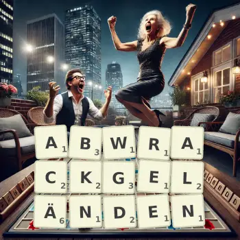 Kreative Illustration für ein Scrabble-Spiel, bei dem das Wort ABWRACKGELÄNDEN mit Steinen auf dem Brett gelegt wurde.