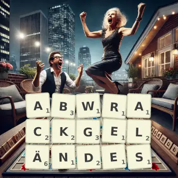 Kreative Illustration für ein Scrabble-Spiel, bei dem das Wort ABWRACKGELÄNDES mit Steinen auf dem Brett gelegt wurde.