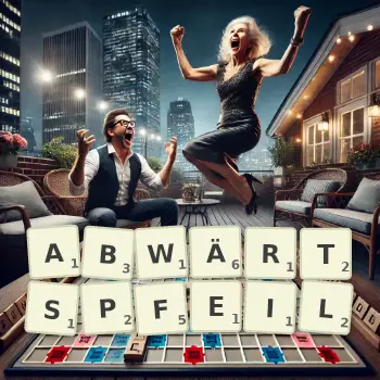 Kreative Illustration für ein Scrabble-Spiel, bei dem das Wort ABWÄRTSPFEIL mit Steinen auf dem Brett gelegt wurde.