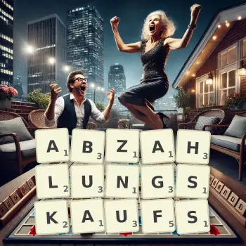 Kreative Illustration für ein Scrabble-Spiel, bei dem das Wort ABZAHLUNGSKAUFS mit Steinen auf dem Brett gelegt wurde.