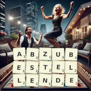 Kreative Illustration für ein Scrabble-Spiel, bei dem das Wort ABZUBESTELLENDE mit Steinen auf dem Brett gelegt wurde.
