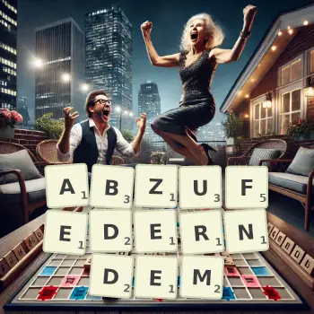 Kreative Illustration für ein Scrabble-Spiel, bei dem das Wort ABZUFEDERNDEM mit Steinen auf dem Brett gelegt wurde.