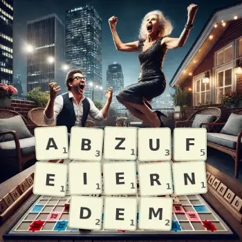 Kreative Illustration für ein Scrabble-Spiel, bei dem das Wort ABZUFEIERNDEM mit Steinen auf dem Brett gelegt wurde.