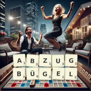 Kreative Illustration für ein Scrabble-Spiel, bei dem das Wort ABZUGBÜGEL mit Steinen auf dem Brett gelegt wurde.
