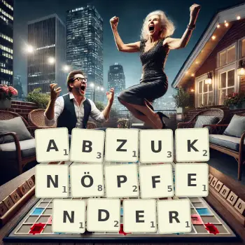 Kreative Illustration für ein Scrabble-Spiel, bei dem das Wort ABZUKNÖPFENDER mit Steinen auf dem Brett gelegt wurde.