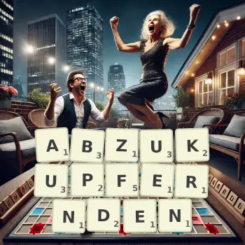 Kreative Illustration für ein Scrabble-Spiel, bei dem das Wort ABZUKUPFERNDEN mit Steinen auf dem Brett gelegt wurde.