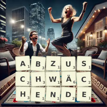 Kreative Illustration für ein Scrabble-Spiel, bei dem das Wort ABZUSCHWÄCHENDE mit Steinen auf dem Brett gelegt wurde.