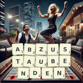 Kreative Illustration für ein Scrabble-Spiel, bei dem das Wort ABZUSTAUBENDEN mit Steinen auf dem Brett gelegt wurde.