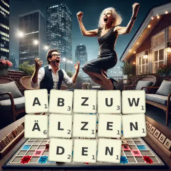 Kreative Illustration für ein Scrabble-Spiel, bei dem das Wort ABZUWÄLZENDEN mit Steinen auf dem Brett gelegt wurde.