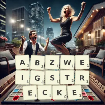 Kreative Illustration für ein Scrabble-Spiel, bei dem das Wort ABZWEIGSTRECKE mit Steinen auf dem Brett gelegt wurde.