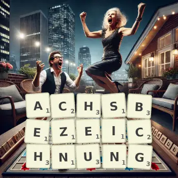 Kreative Illustration für ein Scrabble-Spiel, bei dem das Wort ACHSBEZEICHNUNG mit Steinen auf dem Brett gelegt wurde.