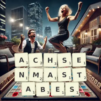 Kreative Illustration für ein Scrabble-Spiel, bei dem das Wort ACHSENMASTABES mit Steinen auf dem Brett gelegt wurde.