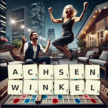 Kreative Illustration für ein Scrabble-Spiel, bei dem das Wort ACHSENWINKEL mit Steinen auf dem Brett gelegt wurde.
