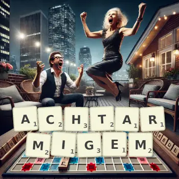 Kreative Illustration für ein Scrabble-Spiel, bei dem das Wort ACHTARMIGEM mit Steinen auf dem Brett gelegt wurde.