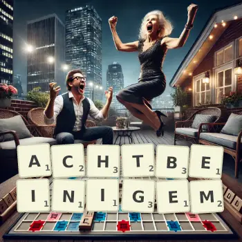 Kreative Illustration für ein Scrabble-Spiel, bei dem das Wort ACHTBEINIGEM mit Steinen auf dem Brett gelegt wurde.