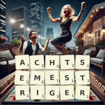 Kreative Illustration für ein Scrabble-Spiel, bei dem das Wort ACHTSEMESTRIGER mit Steinen auf dem Brett gelegt wurde.