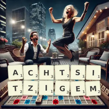 Kreative Illustration für ein Scrabble-Spiel, bei dem das Wort ACHTSITZIGEM mit Steinen auf dem Brett gelegt wurde.