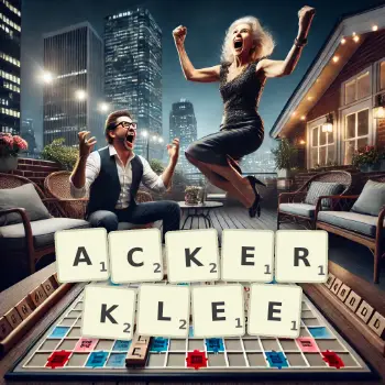 Kreative Illustration für ein Scrabble-Spiel, bei dem das Wort ACKERKLEE mit Steinen auf dem Brett gelegt wurde.